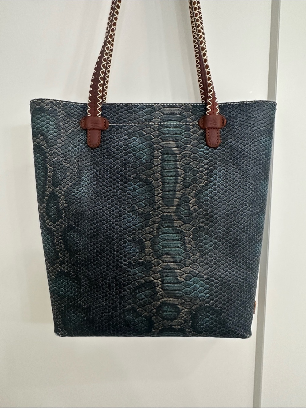 Consuela Teal Snake-Print Tote with Brown Handles - Picture 2 of 9